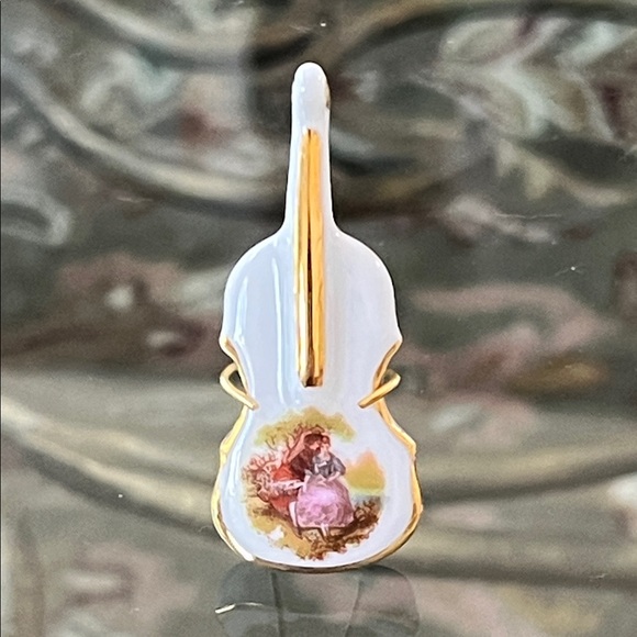 Limoges 100% Authentic White and Gold Violin Figurine with Painted Lady